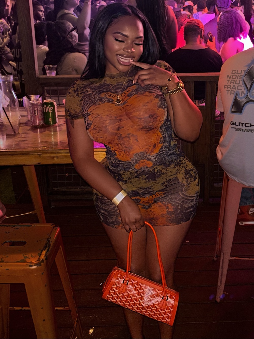 Gaultier Graphic Orange & Olive Mesh Bodycon Dress